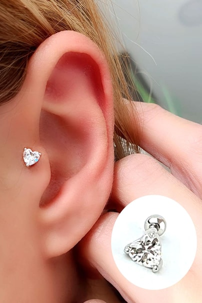 Kalp Şeklinde Zirkon Taş Detaylı 925ayar Gümüş Tragus Helix Kikirdak piercing