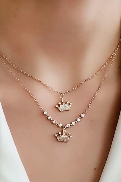 Kraliçe tacı ikili 925 ayar gümüş rose kolye