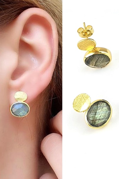Labrodorite Taşlı 925ayar Gümüş Üzerine Altın Kaplama Tasarım Doğal Taş Küpe