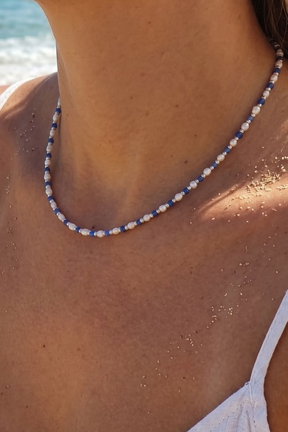 Lapis Lazuli ve barok incili 925 ayar gümüş detaylı inci kolye 