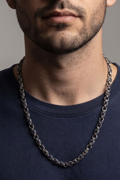 Masculine Trace 925 ayar Gümüş Tasarım Çift taraflı kullanılabilir bir tarafı lacivert Zirkon Taşlı Erkek Zincir Kolye