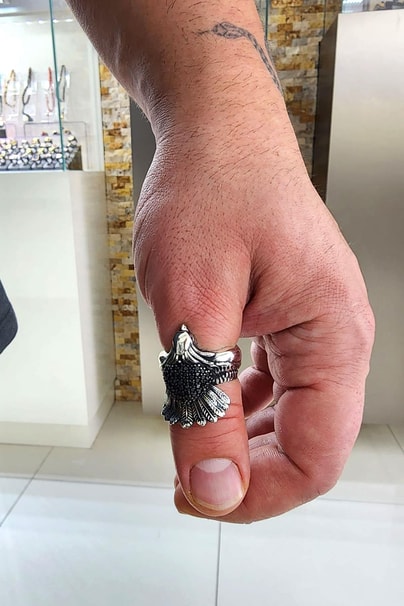 Oniks Taş Detaylı 925ayar Gümüş Ayarlanabilir Tasarım Kartal Yüzük 