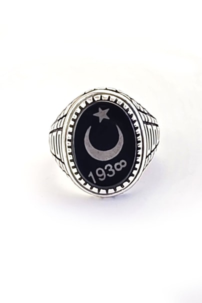 Oniks Taşlı Ay yıldız Figürlü 925 ayar Gümüş Tasarım erkek yüzük 