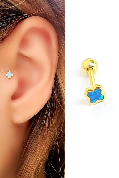 Opal Taşlı 925ayar Gümüş Üzerine Altın Kaplama Yonca Tragus Piercing
