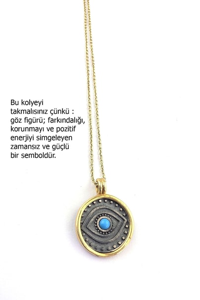 Osevia 925 ayar Gümüş Üzerine Altın Kaplama turkuaz Taşlı göz figurlu kolye 