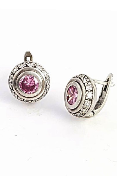Pembe ve beyaz zirkon taşlı gümüş bayan küpe