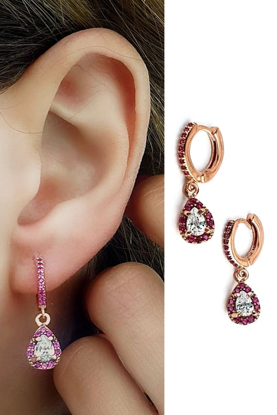 Pembe Zirkon Taşlı 925 ayar Gümüş Rose Damla Küpe