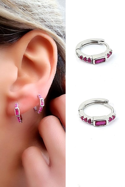 Pembe Zirkon Taşlı 925ayar Gümüş Luxury Tasarım Halka Küpe 
