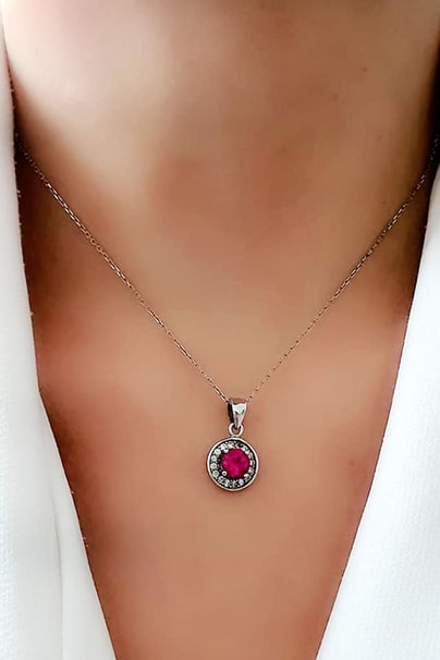 pembe zirkon taşlı gümüş kolye 