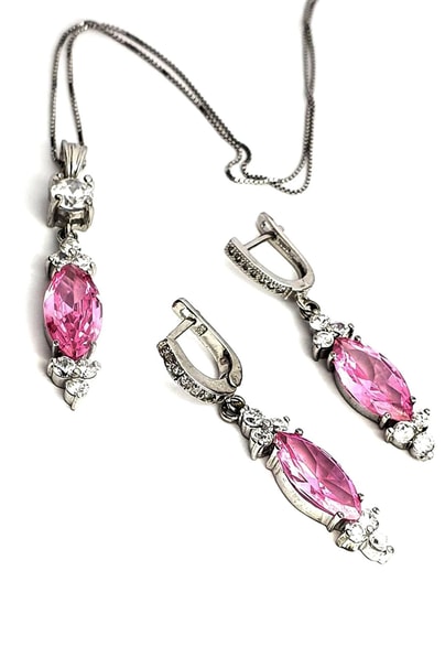 Pembe zirkon taşlı gümüş lüks takı seti