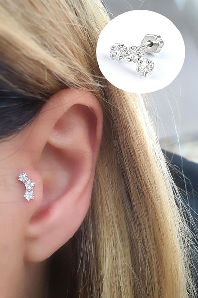 Pırlanta Parlaklığında Zirkon Taşlı 925ayar Gümüş Yay Tragus Helix Piercing
