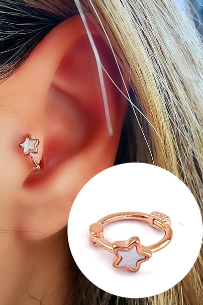 Sedef Taş Detaylı 925Ayar Gümüş Üzerine Rose Altın Kaplama Yıldız Figürlü Tragus Kıkırdak Halka Piercing 