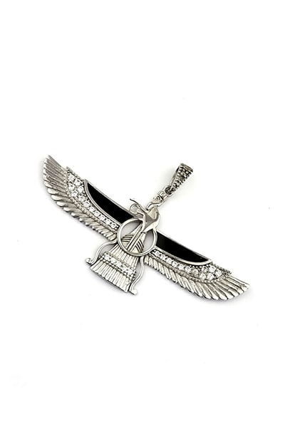 Siyah Mineli Ahura Mazda (Faravahar) Figürlü 925 Ayar Gümüş Kolye Ucu