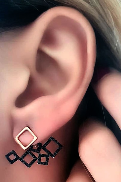 siyah oniks taşlı gümüş rose modern earcuff cift küpe 
