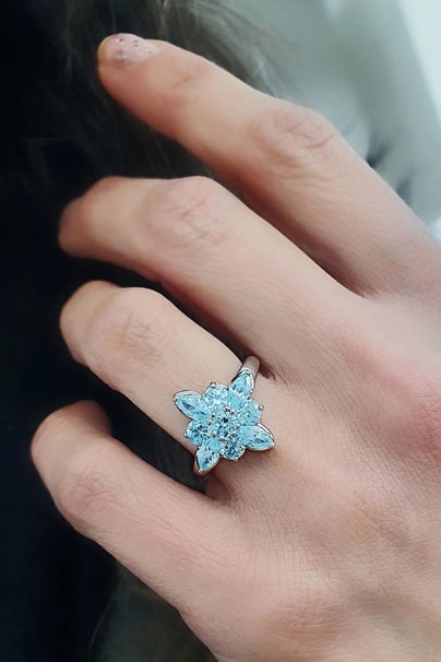 Sky Diamond Blue Aquamarin Taşlı 925ayar gümüş üzerine beyaz altın kaplama lüks yüzük 