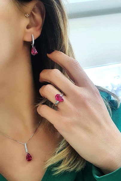 Sky Diamond Red creative rubies Yakut Taşlı Damla Set Takım Zincir Ayarlanabilir yüzük