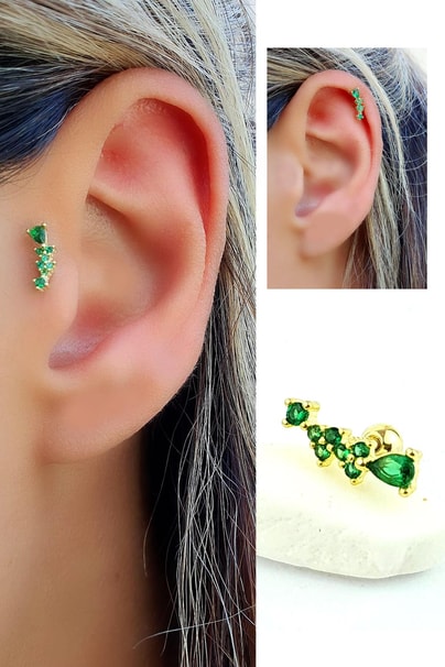 yeşil Zirkon Taşlı 925ayar Gümüş Üzerine Altın Kaplama Tragus ve Helix Kikirdak piercing 