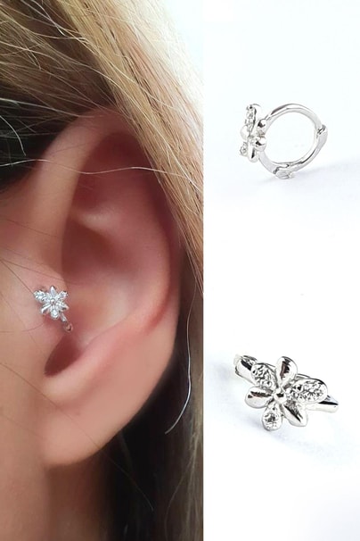 Zirkon Taş Detaylı 925ayar Gümüş Tragus Helix Minimal Tek Kıkırdak küpe 