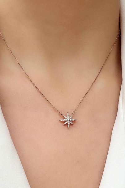 Zirkon Taş Detaylı 925ayar Gümüş Üzerine Rose Altın Kaplama Kutup Yıldızı Figürlü Kolye 