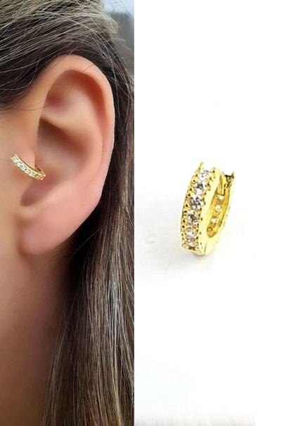 Zirkon Taş Detaylı 925ayar Gümüş Üzerine Altın Kaplama Helis Tragus Kıkırdak Halka Piercing 