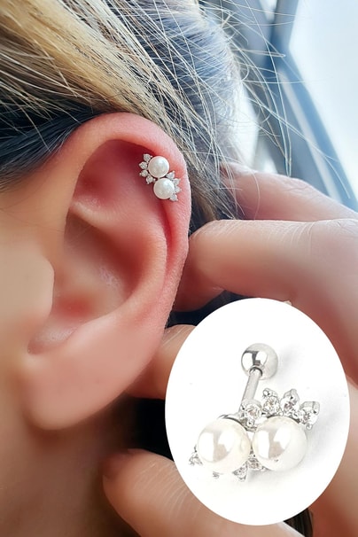 Zirkon Taş Detaylı İncili 925ayar Gümüş Tragus Kıkırdak Helix Piercing