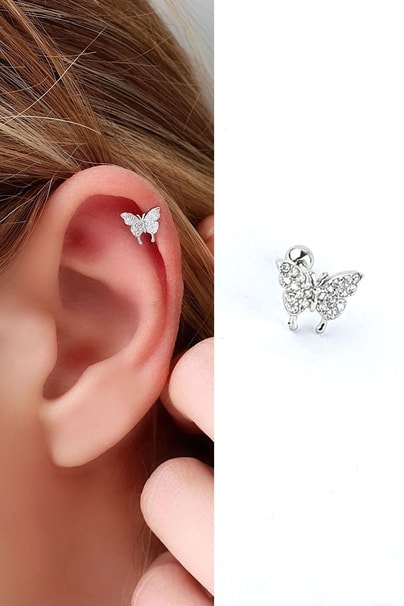 Zirkon Taş Detaylı Kelebek Figürlü 925ayar Gümüş Tragus Helix Kikirdak piercing
