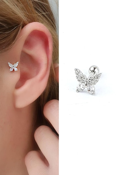 Zirkon Taş Detaylı Kelebek Figürlü 925ayar Gümüş Tragus Helix Kikirdak piercing