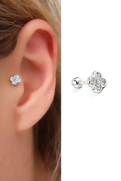 Zirkon Taş Detaylı Yonca Figürlü 925ayar Gümüş Tragus Helix Kikirdak piercing