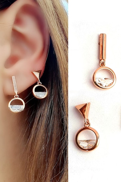 Zirkon Taşlı 925ayar Gümüş Rose Asimetrik İtalyan Küpe 