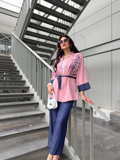Kot Garnili Nakışlı İkili Kimono Takım Pembe-Mavi