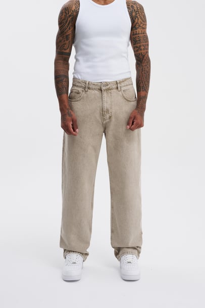 Erkek Relaxed Baggy Jean Efektli Beige Pantolon