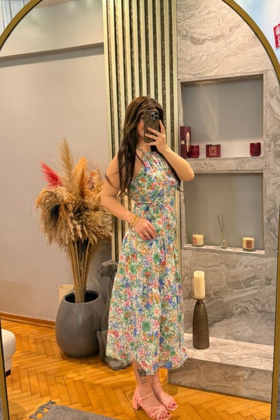 Halter Yaka İpli Beli Lastikli Midi Boy Çiçekli Elbise