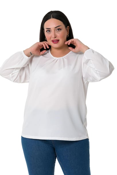 Plus Size Elastic Cuff Pleated Collar White Blouse