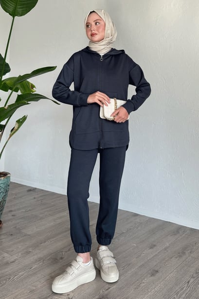 Zippered Elastic Cuffed Anthracite Two-Piece Set