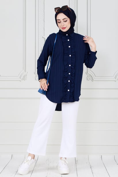 Tunic with Frill detail on the front-Dark Bleu color 