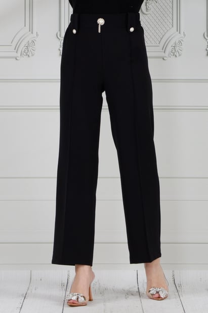 Wide Leg Trousers with Pearl Brooch -black color 