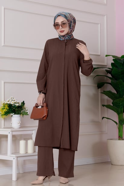 Yırtmaç Detaylı Tunik Pantolon Takım-Kahverengi