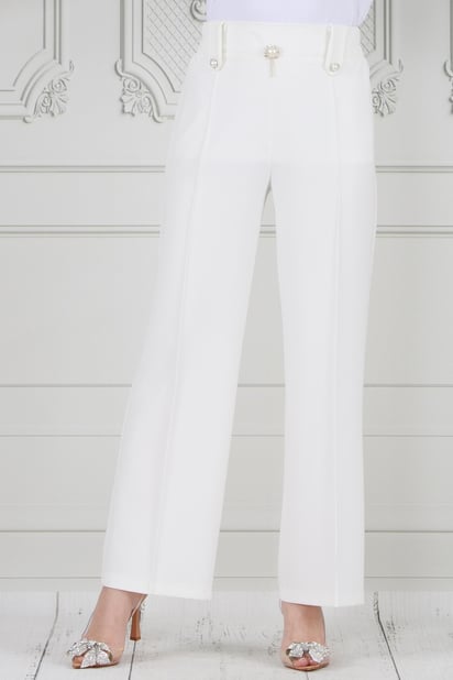 Wide Leg Trousers with Pearl Brooch -white color 