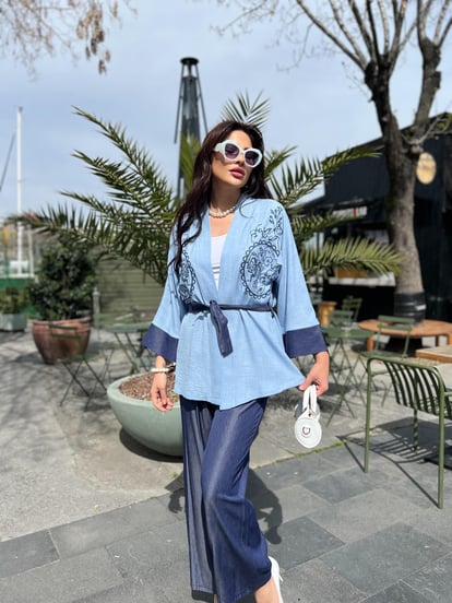 Kot Garnili Nakışlı İkili Kimono Takım Lacivert-Mavi