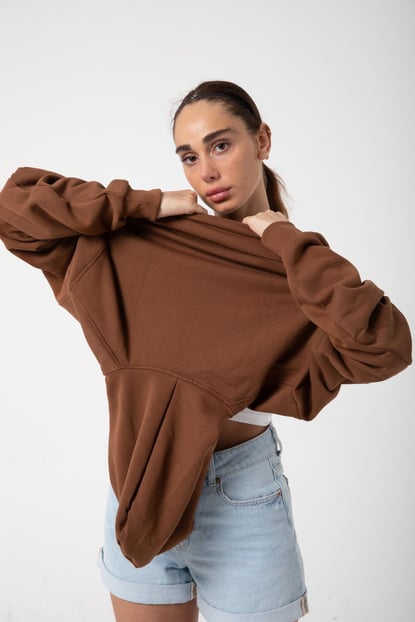 Kahverengi Unisex Rahat Kalıp Kapuşonlu Hoodie