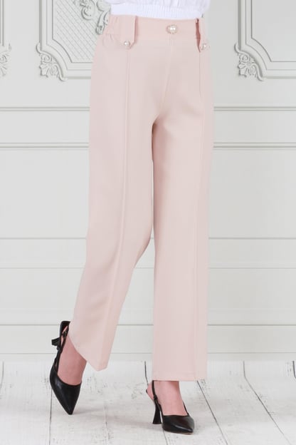 Wide Leg Trousers with Pearl Brooch -cream color 