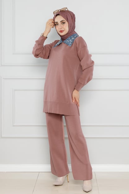 Knitwear with Collar Detailed Pearl Suit-Rose color 