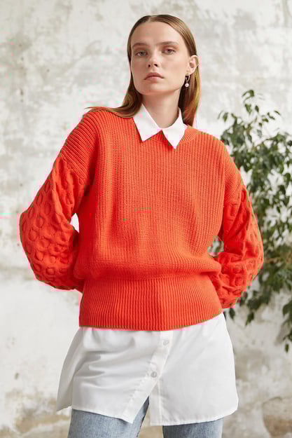 Larisa Balloon Sleeve Short Knit Sweater - Orange