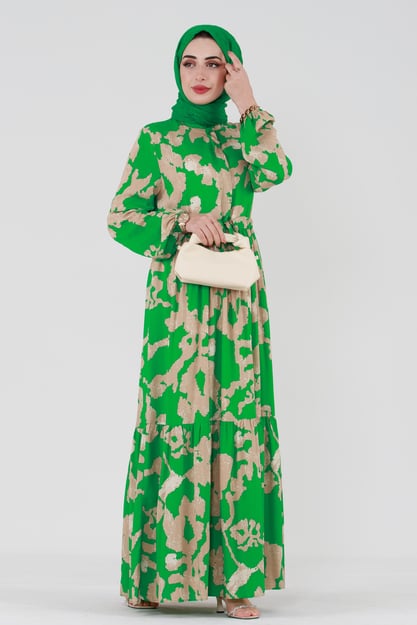 Cloud Patterned Belted Tulle Viscose Dress-Green
