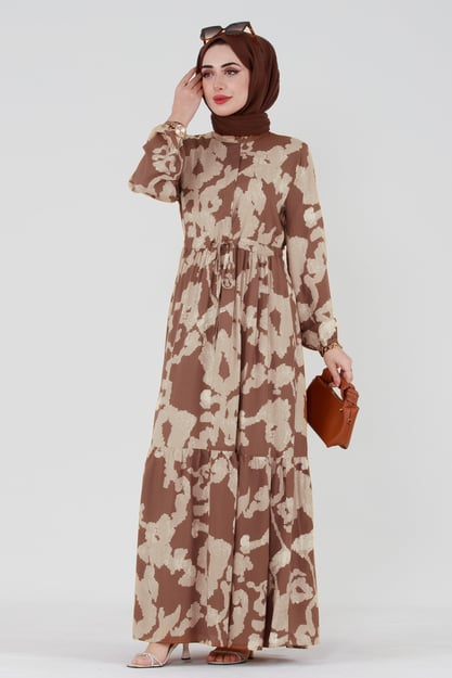 Cloud Patterned Belted Tulle Viscose Dress-Brown