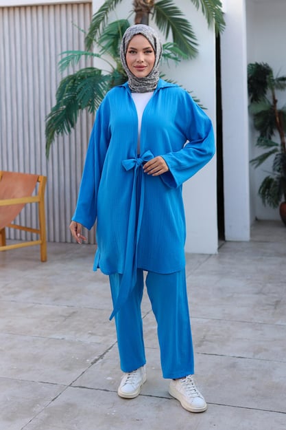 Bağlama Detaylı Kimono Takım Deniz Mavisi 1225