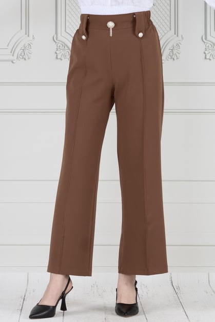 Wide Leg Trousers with Pearl Brooch -brown color 