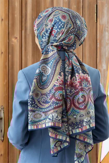 100% İpek Etro Desenli Lacivert Renkli 92x210 Şal