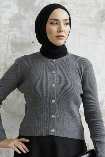 Loren Button-Detail Knit Short Cardigan - Charcoal