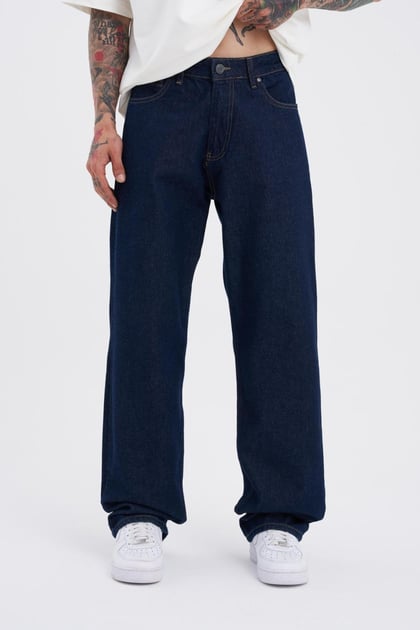 Erkek Relaxed Baggy Jean Efektli Lacivert Pantolon